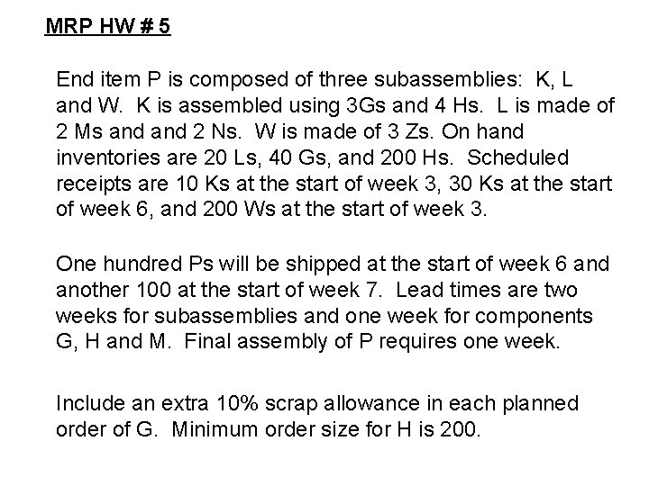 MRP HW # 5 End item P is composed of three subassemblies: K, L