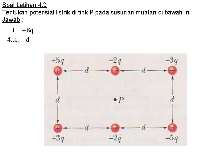 Soal Latihan 4. 3 Tentukan potensial listrik di tirik P pada susunan muatan di