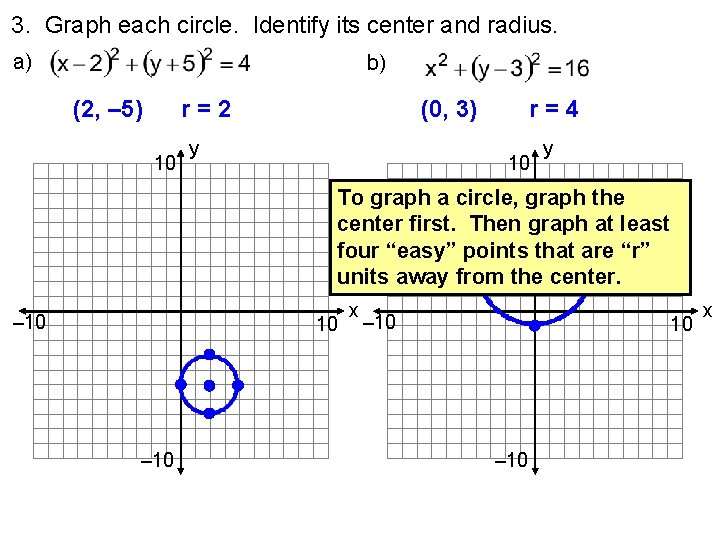 3. Graph each circle. Identify its center and radius. a) b) (2, – 5)