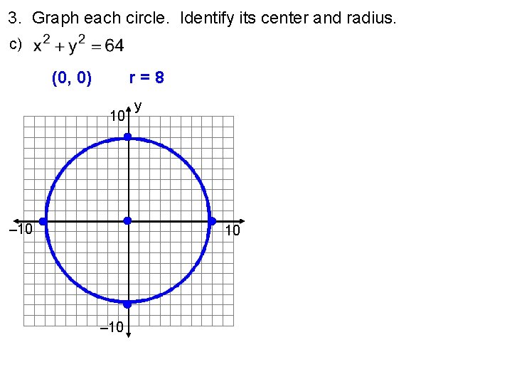 3. Graph each circle. Identify its center and radius. c) (0, 0) r=8 10