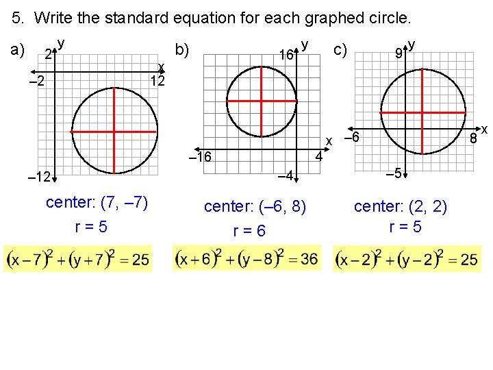 5. Write the standard equation for each graphed circle. a) 2 y – 2