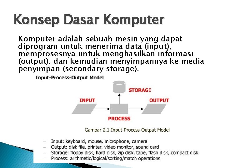 Konsep Dasar Komputer adalah sebuah mesin yang dapat diprogram untuk menerima data (input), memprosesnya