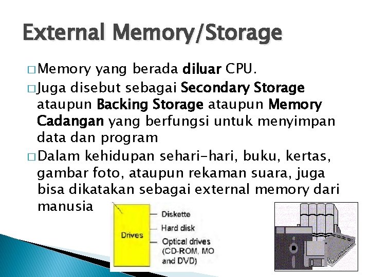 External Memory/Storage � Memory yang berada diluar CPU. � Juga disebut sebagai Secondary Storage