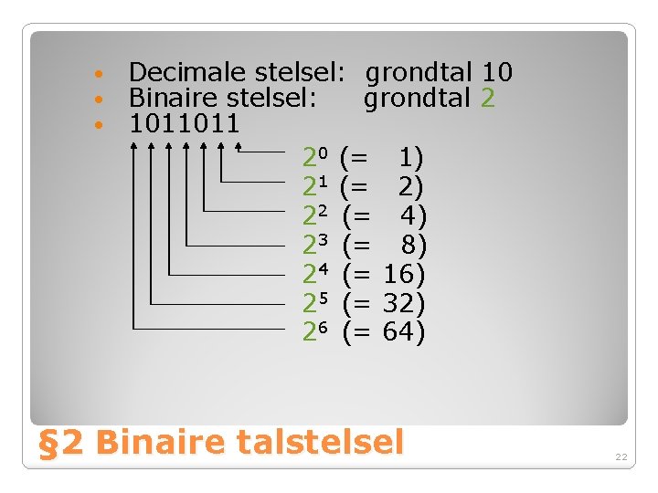  • • • Decimale stelsel: grondtal 10 Binaire stelsel: grondtal 2 1011011 20