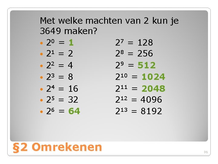 Met welke machten van 2 kun je 3649 maken? • 20 = 1 27