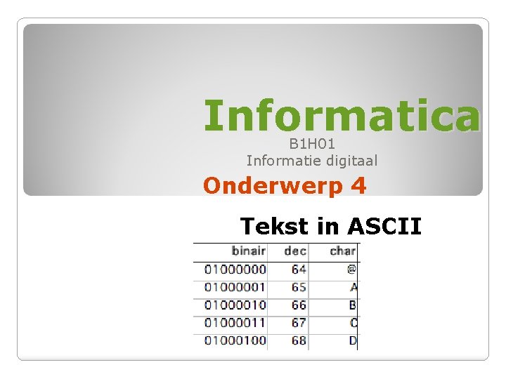 Informatica B 1 H 01 Informatie digitaal Onderwerp 4 Tekst in ASCII 