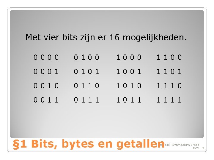 Met vier bits zijn er 16 mogelijkheden. 0000 0100 1000 1100 0001 0101 1001