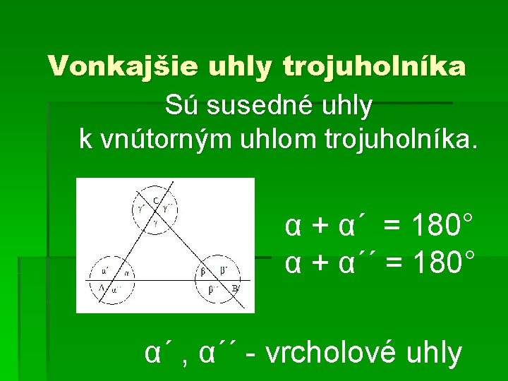 Vonkajšie uhly trojuholníka Sú susedné uhly k vnútorným uhlom trojuholníka. α + α´ =