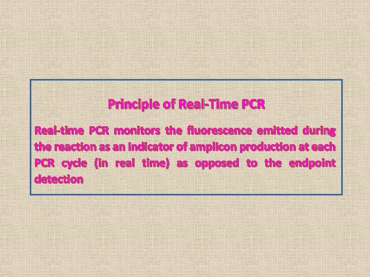 Principle of Real-Time PCR Real-time PCR monitors the fluorescence emitted during the reaction as