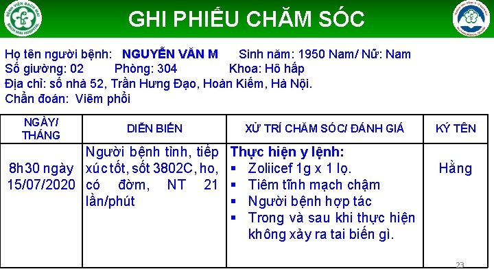 GHI PHIẾU CHĂM SÓC Họ tên người bệnh: NGUYỄN VĂN M Sinh năm: 1950