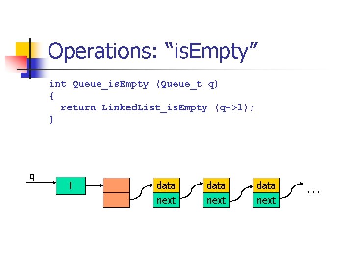 Operations: “is. Empty” int Queue_is. Empty (Queue_t q) { return Linked. List_is. Empty (q->l);