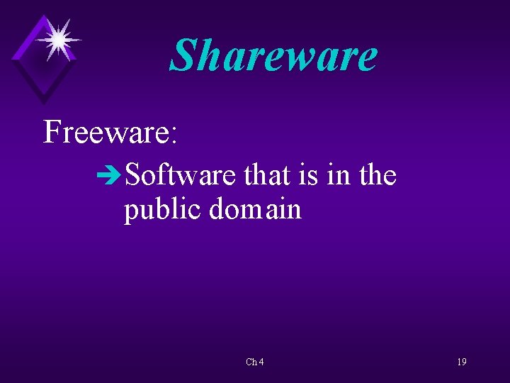 Shareware Freeware: èSoftware that is in the public domain Ch 4 19 