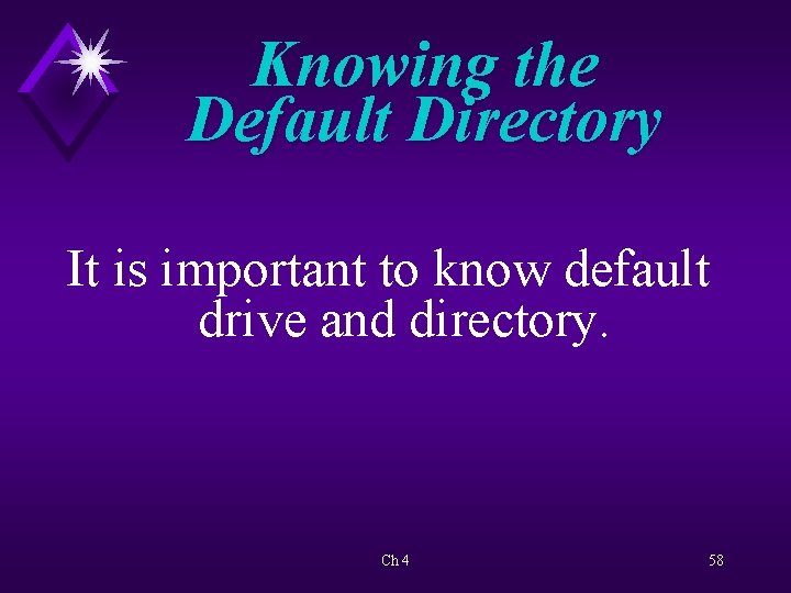 Knowing the Default Directory It is important to know default drive and directory. Ch