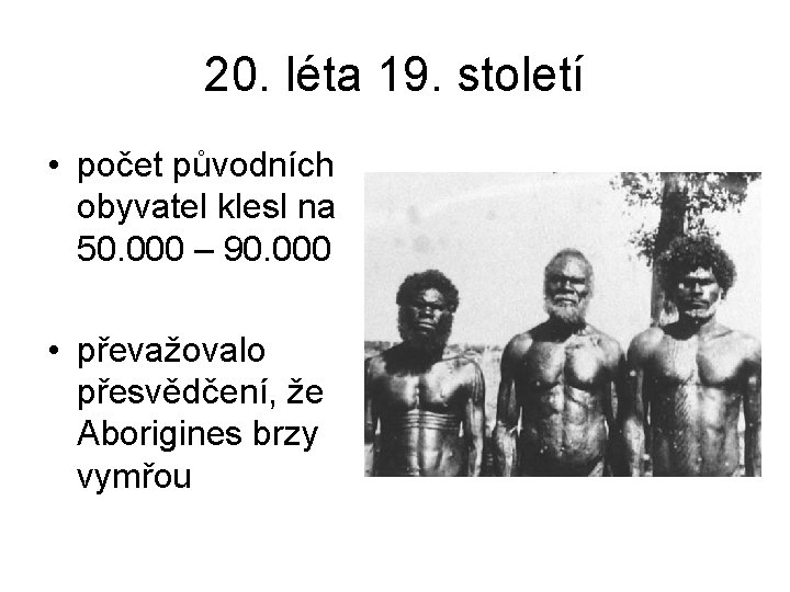 20. léta 19. století • počet původních obyvatel klesl na 50. 000 – 90.