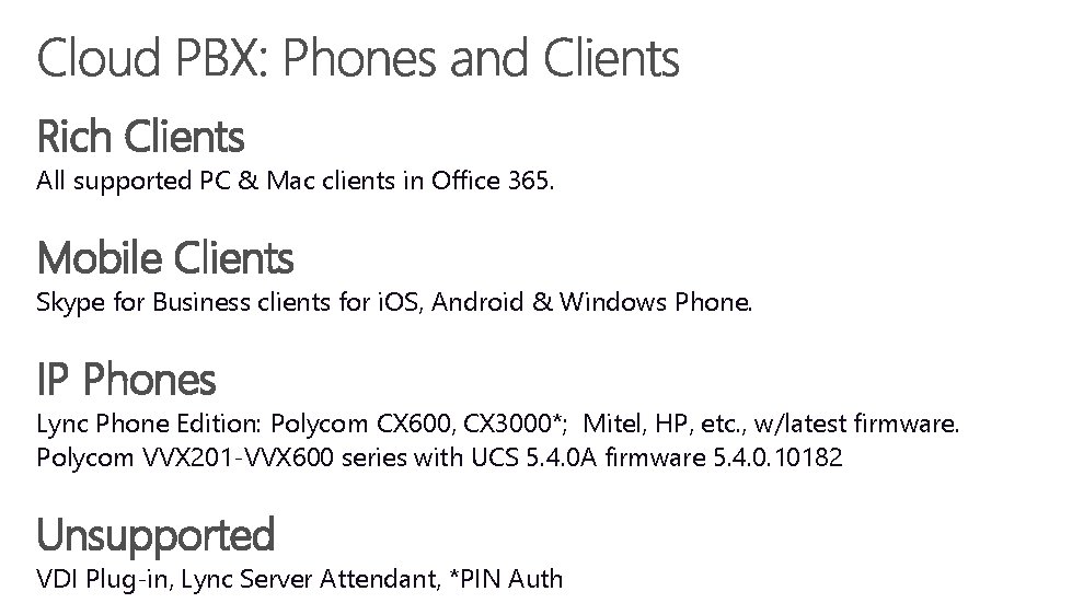 Rich Clients All supported PC & Mac clients in Office 365. Mobile Clients Skype