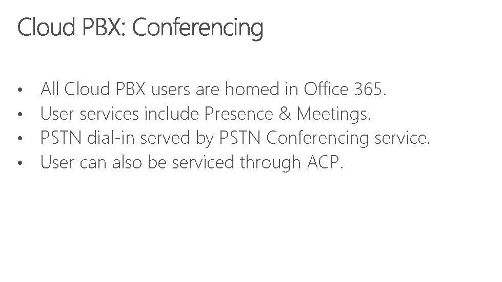  • • All Cloud PBX users are homed in Office 365. User services