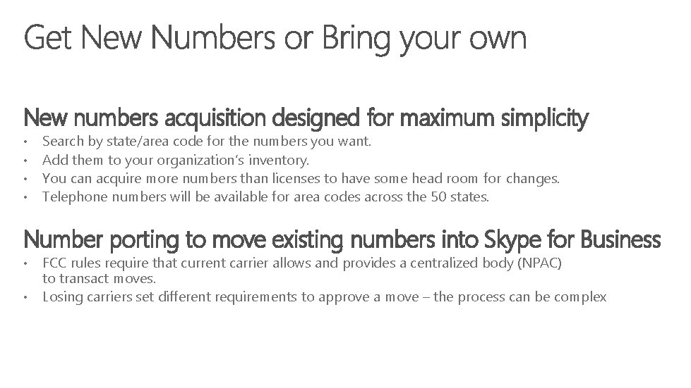 New numbers acquisition designed for maximum simplicity • • Search by state/area code for