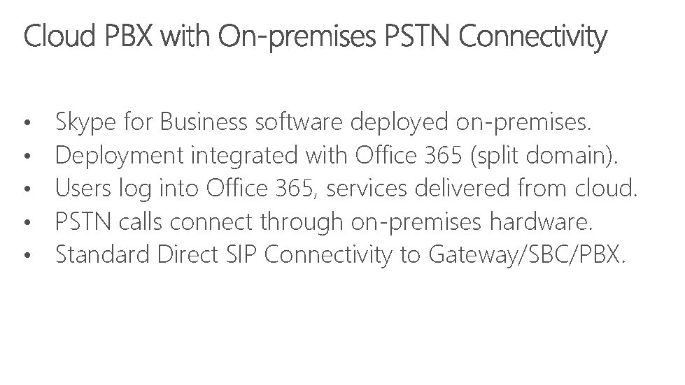  • • • Skype for Business software deployed on-premises. Deployment integrated with Office