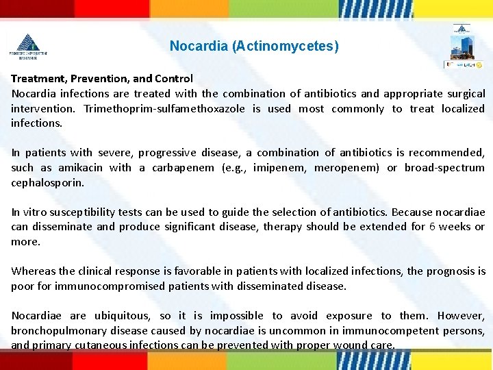  Nocardia (Actinomycetes) Treatment, Prevention, and Control Nocardia infections are treated with the combination