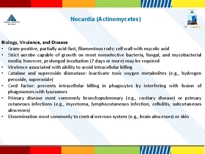  Nocardia (Actinomycetes) Biology, Virulence, and Disease • Gram-positive, partially acid-fast, filamentous rods; cell