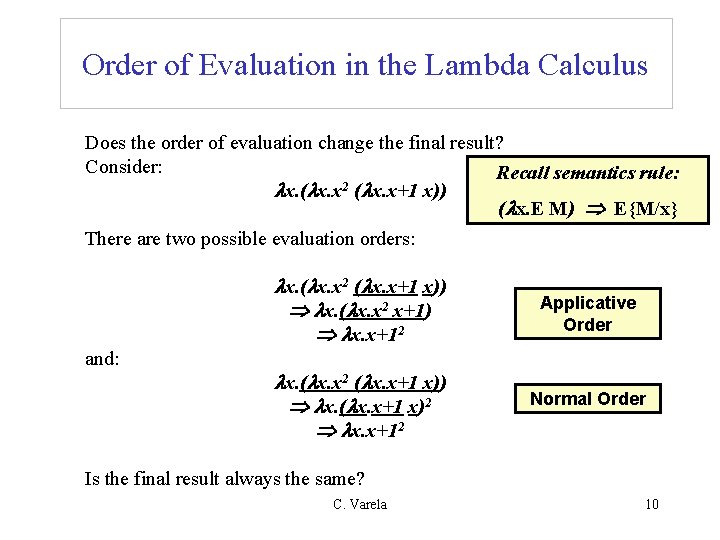 Order of Evaluation in the Lambda Calculus Does the order of evaluation change the Order of Evaluation in the Lambda Calculus Does the order of evaluation change the