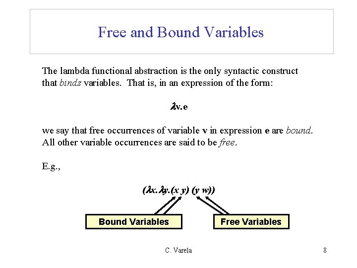 Free and Bound Variables The lambda functional abstraction is the only syntactic construct that Free and Bound Variables The lambda functional abstraction is the only syntactic construct that