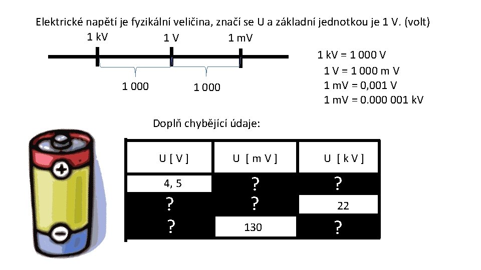 Elektrické napětí je fyzikální veličina, značí se U a základní jednotkou je 1 V.