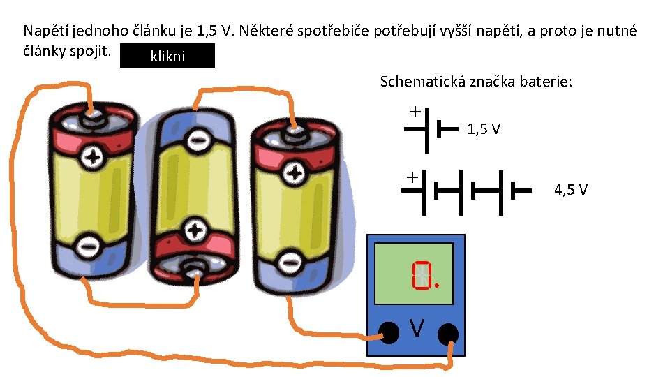 Napětí jednoho článku je 1, 5 V. Některé spotřebiče potřebují vyšší napětí, a proto