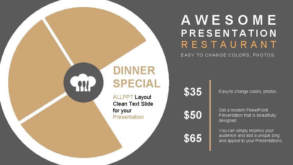 AWESOME PRESENTATION RESTAURANT EASY TO CHANGE COLORS, PHOTOS. DINNER SPECIAL ALLPPT Layout Clean Text