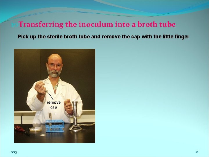  Transferring the inoculum into a broth tube Pick up the sterile broth tube