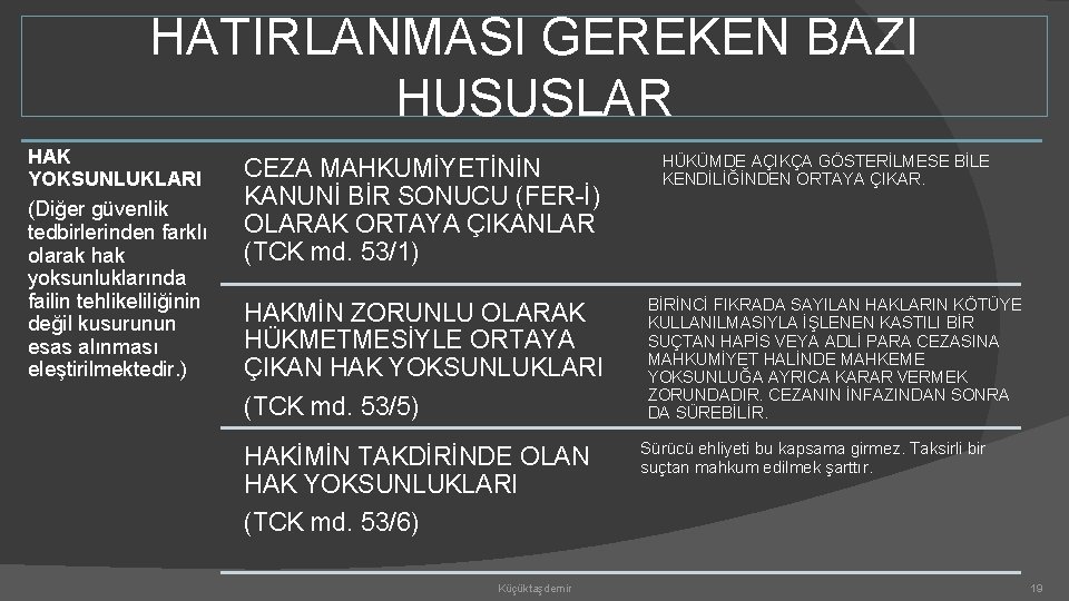 HATIRLANMASI GEREKEN BAZI HUSUSLAR HAK YOKSUNLUKLARI (Diğer güvenlik tedbirlerinden farklı olarak hak yoksunluklarında failin