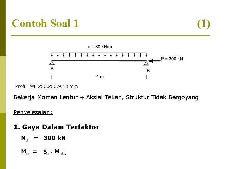Contoh Soal 1 (1) Profil IWF 250. 9. 14 mm Bekerja Momen Lentur +