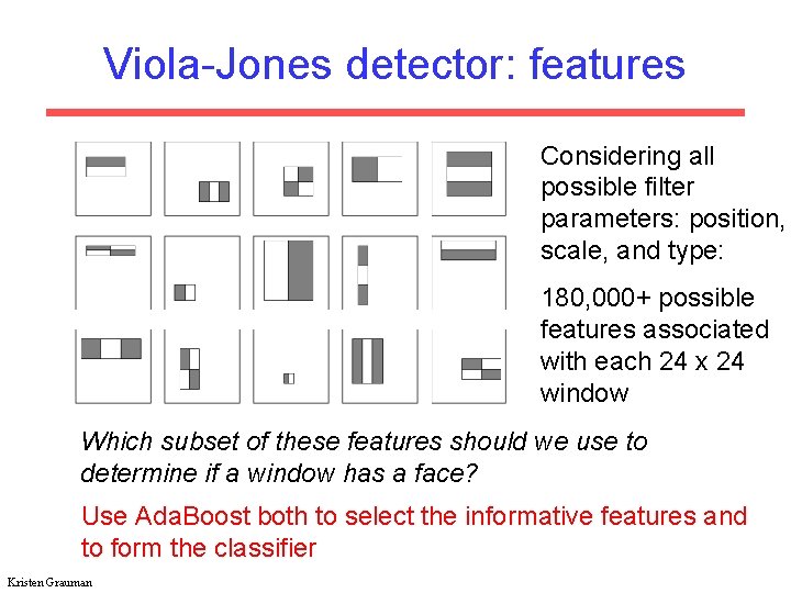 Viola-Jones detector: features Considering all possible filter parameters: position, scale, and type: 180, 000+