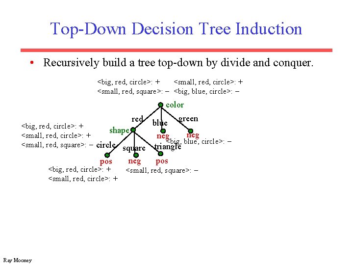 Top-Down Decision Tree Induction • Recursively build a tree top-down by divide and conquer.