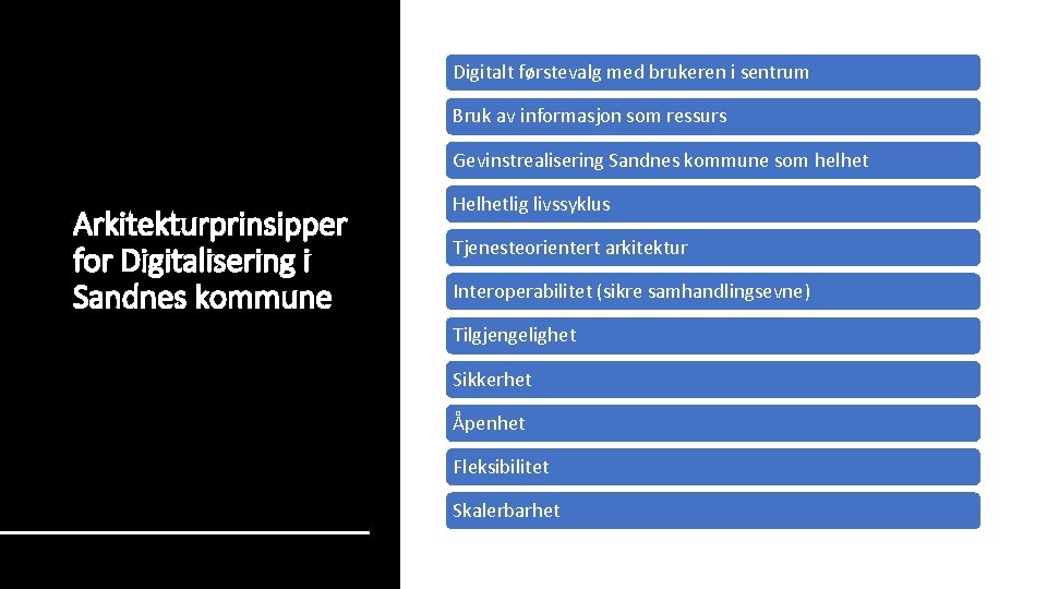 Digitalt førstevalg med brukeren i sentrum Bruk av informasjon som ressurs Gevinstrealisering Sandnes kommune