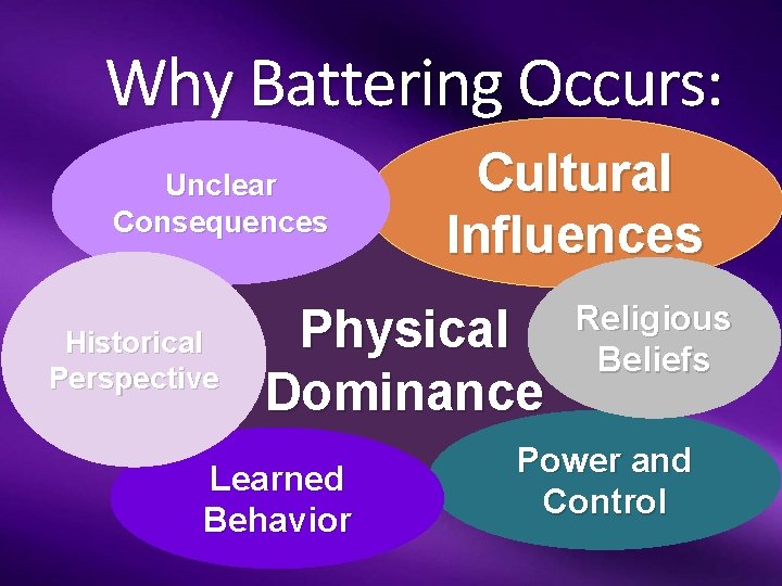 Why Battering Occurs: Unclear Consequences Historical Perspective Cultural Influences Physical Dominance Learned Behavior Religious