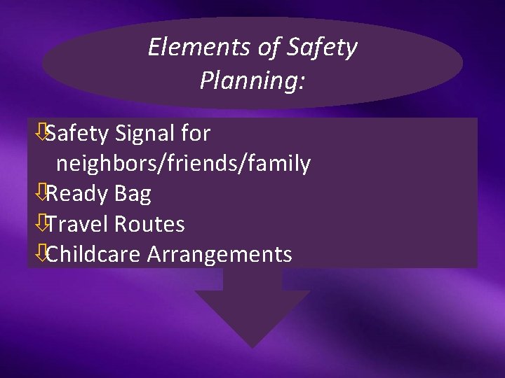 Elements of Safety Planning: òSafety Signal for neighbors/friends/family òReady Bag òTravel Routes òChildcare Arrangements