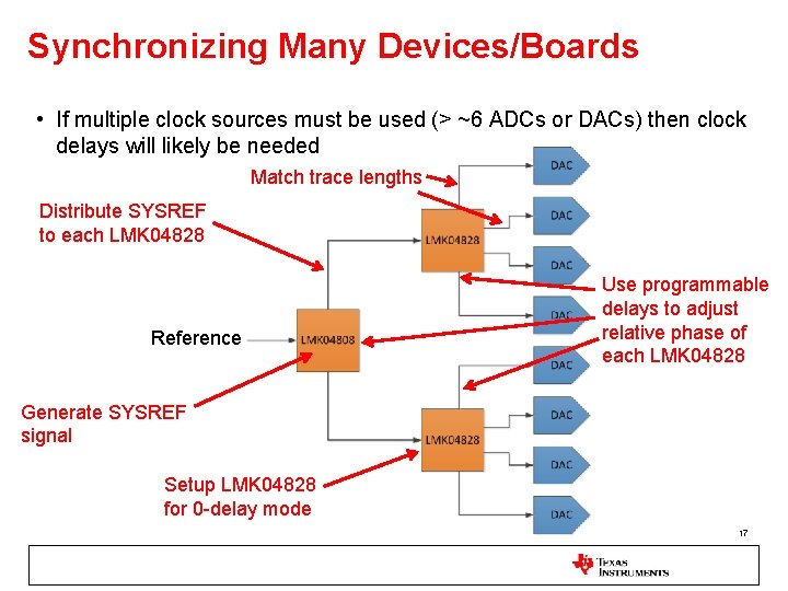 Synchronizing Many Devices/Boards • If multiple clock sources must be used (> ~6 ADCs