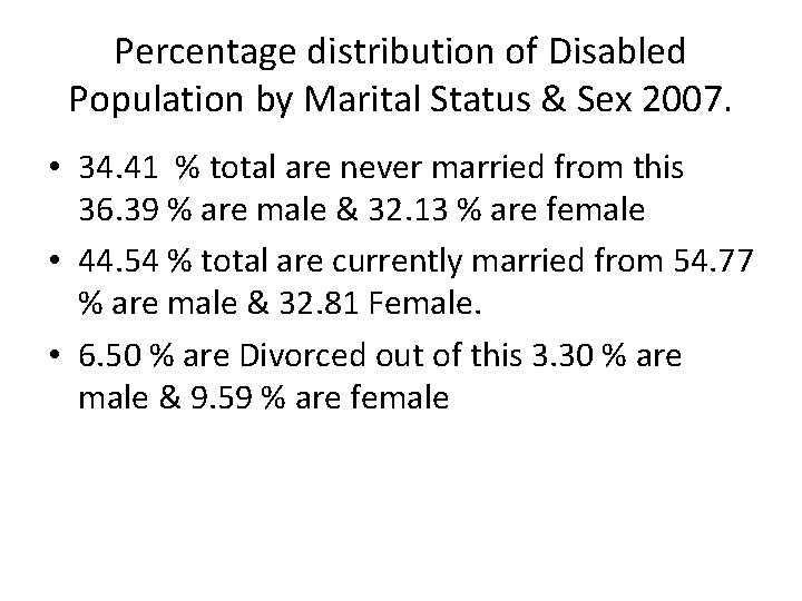 Percentage distribution of Disabled Population by Marital Status & Sex 2007. • 34. 41