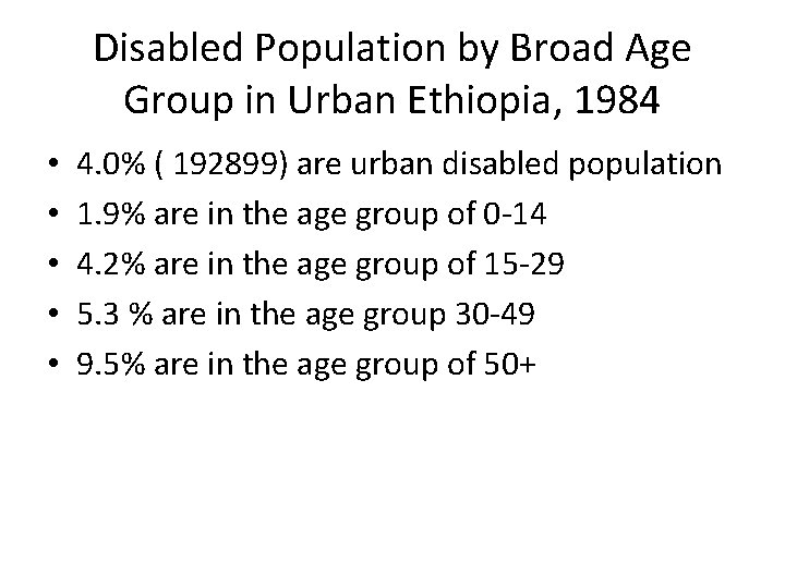 Disabled Population by Broad Age Group in Urban Ethiopia, 1984 • • • 4.