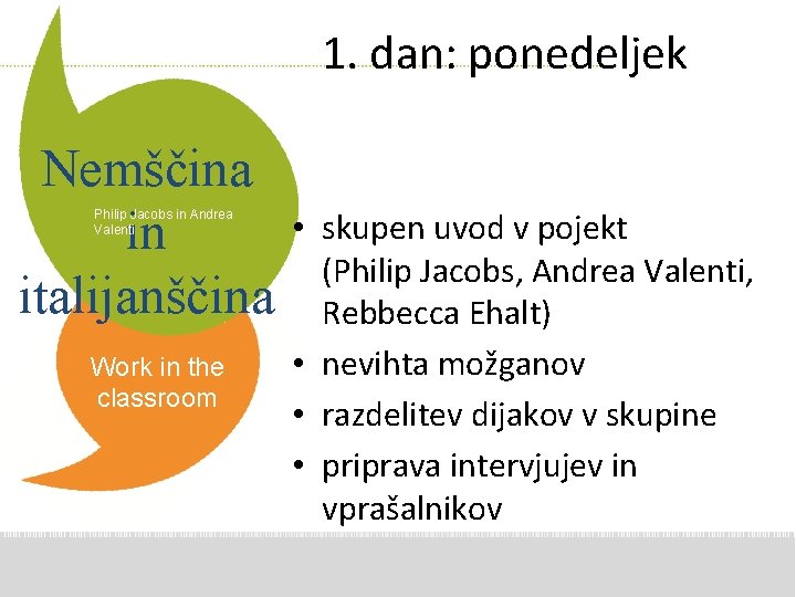 1. dan: ponedeljek Nemščina in italijanščina Philip Jacobs in Andrea Valenti Work in the