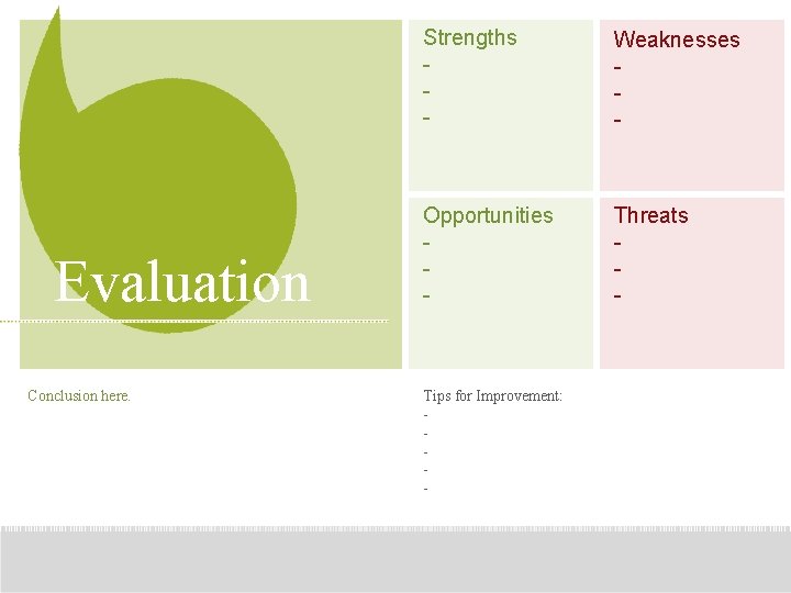 Evaluation Conclusion here. Strengths - Weaknesses - Opportunities - Threats - Tips for Improvement: Evaluation Conclusion here. Strengths - Weaknesses - Opportunities - Threats - Tips for Improvement: