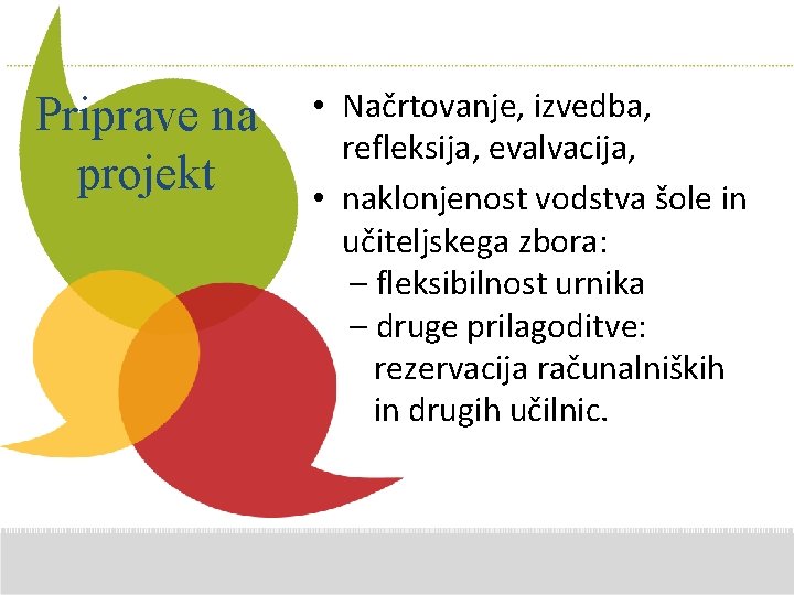 Priprave na projekt Additional • Načrtovanje, izvedba, Comments here refleksija, evalvacija, • naklonjenost vodstva Priprave na projekt Additional • Načrtovanje, izvedba, Comments here refleksija, evalvacija, • naklonjenost vodstva