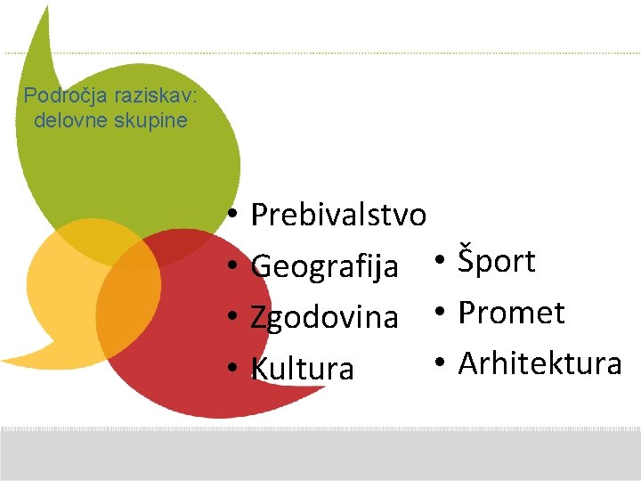 Additional Comments here Področja raziskav: delovne skupine • • Prebivalstvo Geografija • Šport Zgodovina