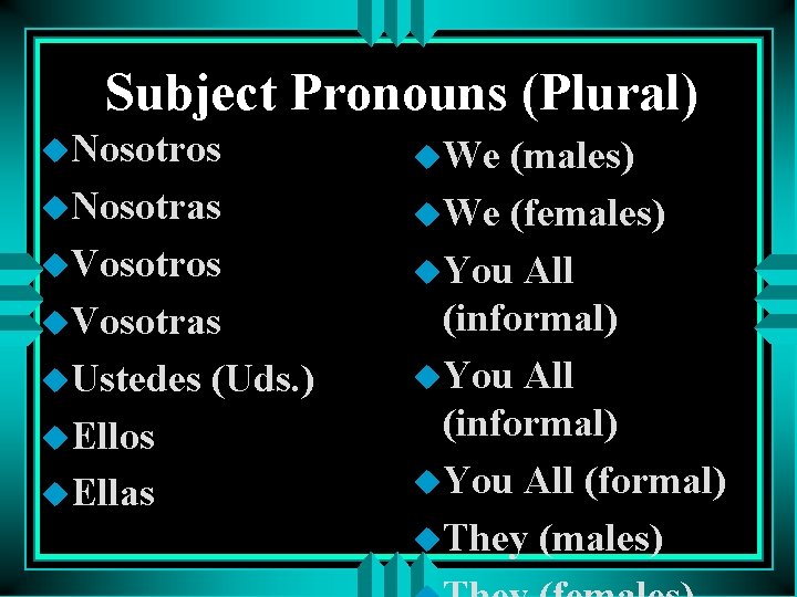 Subject Pronouns (Plural) u. Nosotros u. Nosotras u. Vosotros u. Vosotras u. Ustedes u.