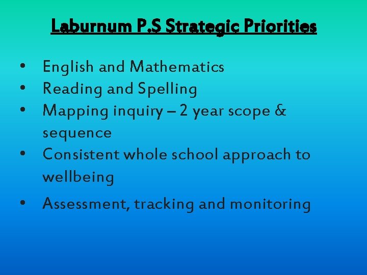 Laburnum P. S Strategic Priorities • English and Mathematics • Reading and Spelling •