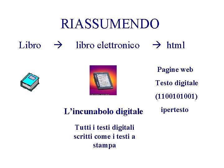 RIASSUMENDO Libro libro elettronico html Pagine web Testo digitale (1100101001) L’incunabolo digitale Tutti i