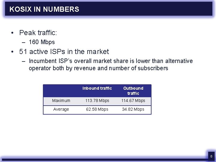 KOSIX IN NUMBERS • Peak traffic: – 160 Mbps • 51 active ISPs in