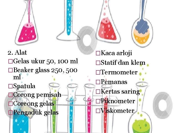 2. Alat �Gelas ukur 50, 100 ml �Beaker glass 250, 500 ml �Spatula �Corong