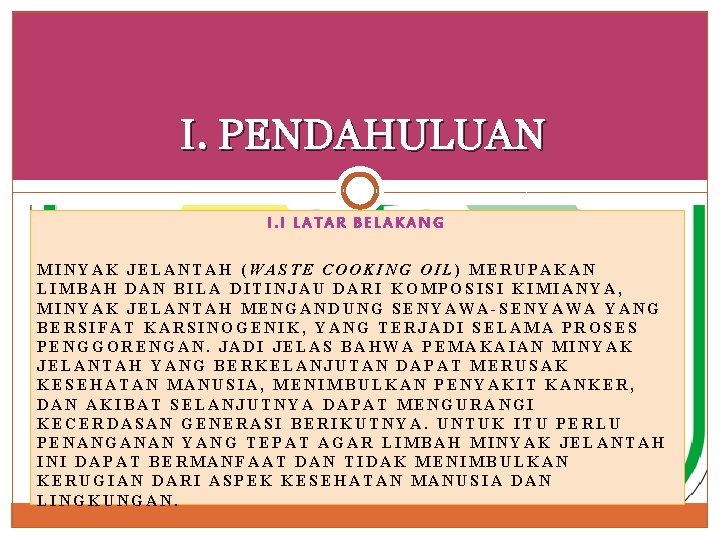 I. PENDAHULUAN I. I LATAR BELAKANG MINYAK JELANTAH (WASTE COOKING OIL) MERUPAKAN LIMBAH DAN